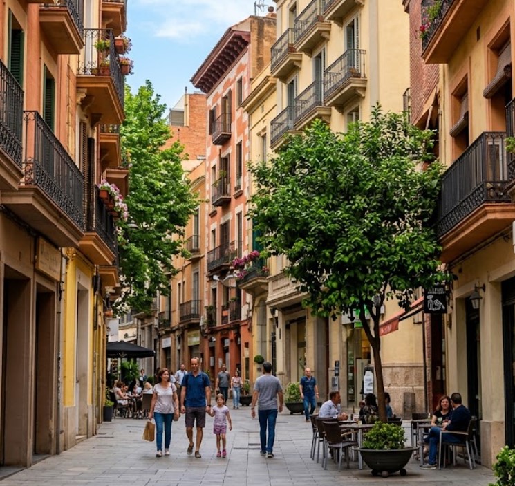 Vistas de las calles tranquilas del casco antiguo y arquitectura elegante en Sarrià, Barcelona